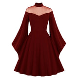 Black Women Party Dress Flare Sleeve Black Dark Red Christmas A Line Swing Sundress Autumn Winter Vintage Retro