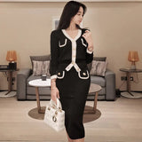 Suit skirt V-neck Colorblock Single-breasted Cardigan Sweater Knitted 2 Pieces Suits Work Business Knit