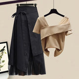 Women Sets Mesh Patchwork Slash Neck Tops + Asymmetric Skirt 2 Piece Suit Female Party Suits Elegant Casual Two Piece