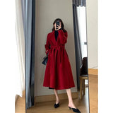 Belt Long Wool Coats Women Vintage Lace Up Woolen Overcoat Korean Bandage Thick Jacket Winter Elegant Red Chic Outwear
