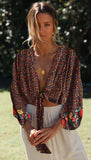 Queens Women Black Floral Print Rayon Bohemian Blouses Shirt Ladies Bow Crop Top Long Sleeve Boho Beach Robe