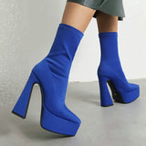 Fashion Women Ankle Boots Stretch Fabric Platform Square High Heel Punk Boots Pointed Toe Autumn Winter Ladies