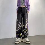 Popular Vintage Graffiti Jeans Women New Punk Rock Hip Hop Straight Pants Harajuku Loose High Waist Wide Leg Casual