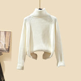 Winter Warm Knitwear Sets For Womens Elegant Turtleneck Sweater+long Knitted Jackets+wide Leg Knitting Pants Sets 2023