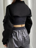 Punk Style Super Cropped Jacket Zip Up Pocket Patchwork Cargo Jackets Women Outfits Streetwear Black Coat Korean