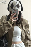 Solid Army Green American Retro Jackets Loose Long Sleeve Short Length Outerwear High Waist Coats Y2k Women