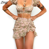 Floral Women Summer Skirt 2-Piece Set Skirt 2022 New Backless Lace-up Hollow Ruffle Sleeves Short Tops Mini Skirt