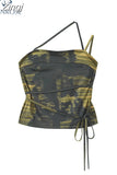Summer New Design Print Suspender Top Women's Sexy Bodycon Crop Tops Camouflage Bandage Female Retro Off Shoulder