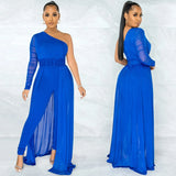 Women Fashion Elegant Casual One Shoulder Plain Sheer Mesh Jumpsuit Long Sleeve Chic Mesh Solid Elegance