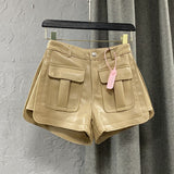 2022 Spring New Arrival High Waist Cargo Short Pants Loose Pockets Wide Peg Pu Shorts Casual Women