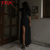 Sexy V-Neck Women White Dress 2022 Summer Short Sleeve Party Midi Dresses Elegant Slim Single-Breasted Slit Female