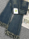 Women Fashion Flare Jeans Tassel Baggy Denim Trousers High Waist Loose Elasticity Korean Style Street Femme Wide Leg