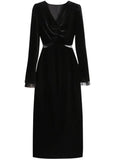 Winter French Vintage Hepburn Velvet Dresses Ladies Elegant Hollow Out Lace Patchwork Sexy Evening Party Dresses