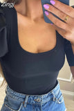 Elegant Short Puff Sleeve T-shirts Tops Women Summer Square Collar Knitted Tees Shirts Solid Basic Ribbed