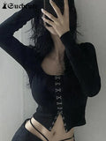 SUCHCUTE Gothic Women's T-Shirts Dark Academic Long Sleeve Single-breasted Shirt Grunge Streetwear Autumn Slim Basic Crop