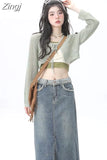 Sleeve Hollow Out Knitted Cardigan Short Green Sweaters Women Fake Two Piece Tanks Slim Y2k Sets Hotsweet Crop
