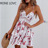 Women Elegant Fashion Sexy Spaghetti Strap V-Neck Floral Dress Mini Dress Summer Party