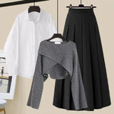 3 Piece Set For Women Outfit Office Ladies Elegant Irregular Knitted Tops+white Blouse+high Waist Pleated Skirt Sets