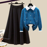 Knitted Two Piece Set Womens Outfits Korean Casual Turn Down Collar Long Sleeve Embroidery Knitted Sweater+skirts