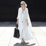 Queens Women White Long Sleeve Beach Loose Bohemian Maxi Sundress Ladies V-neck Boho Shirt