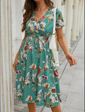 Printed Casual Beach Midi Dresses Women Summer V-neck Short Sleeve Empire Waist A-Line Dress Sundress Vestido Robes