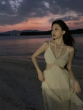 New Fashion Women Sexy Pleated Boho Long Dress Vacation Beach Strap A line Ladies Robe 2023
