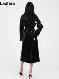 Spring Autumn Long Shiny Reflective Patent Leather Trench Coat for Women Sashes Luxury Designer Runway European