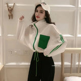 Spring Summer Women Casual Loose Pocket Color Contrast Batwing Sleeve Drawstring Zipper Short Coat