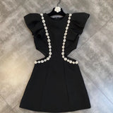 2022 Summer New Arrival Short Puff Sleeve O Neck High Waist Hollow Out Mini Dress Women