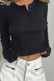 Solid Ribbed Basic Tees Shirts Long Sleeve Ruched Casual T-Shirts Women Knitted Buttons Up O Neck Slim Fit Tops