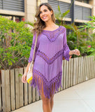 Queens Women Solid Half Sleeve Beach Tassel Loose Bohemian Mini Dress Ladies V-neck Boho Sundress