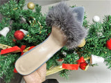 Onlymaker Peep Toe Mules Artificial Fur Slip On Gold White Thin High Sandals Big Size High Quality Summer Women Brand