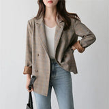 Plaid Double Breasted Women Blazer Oversized Full Sleeve Grid Female Suit Coat Elegant Autumn Women Jackets Outwear