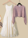 Women Spring Two Pieces Sets Korean Long Sleeve Knitted Sweater Cardigan And Ruffles Patchwork Mesh Long Dress