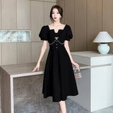 Wedding Party Midi Dresses for Women 2023 New Summer French Chic Square Collar Female Clothes Luxury Evening Black