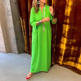 Spring Summer Casual Loose Long Dress Fashion Ladies V-neck 3/4 Sleeve Beach Dress Vintage Pocket Straight Bohemian