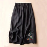 Vintage Cotton Linen Skirt Women Summer High Waist Embroidery Print A Line Midi Skirts Fashion Solid Loose Casual