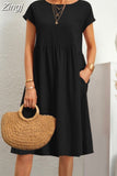 Neck Elegant Simple Short Sleeve Dress Summer Fashion Casual Dress for Women Cotton Linen Dresses 2023 Office Lady Robe