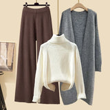 Winter Warm Knitwear Sets For Womens Elegant Turtleneck Sweater+long Knitted Jackets+wide Leg Knitting Pants Sets 2023