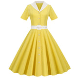Solid Shirt Women Dress With Belt Button Hepburn Style Turn Down Collar Swing Dresses Retro Vintage 60s Rockabilly