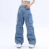 Solid Color Overalls Jeans Women's Y2K Street Retro Loose Wide-Leg Overalls Couple Casual Joker Mopping Jeans Pants