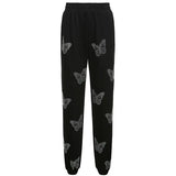 Street Retro American Rhinestone Hot Rhinestone Cross Jacket Black And White Cardigan Hooded Sweater Women's Pants Set