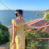 Vintage Floral Midi Dress Women Sweet Print Square Neck A Line Dresses Korean Vacation Yellow Flying Sleeves Slim
