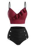 Ruffle Mock Button Tummy Control Bikini Swimwear Brazilian Bikini Set Swim Suit Top Push-Up Swimwear Bikini