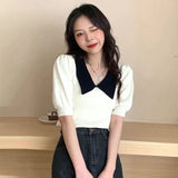 Vintage Knitted Pullover T Shirt Women Sweet Patchwork Puff Short Sleeve Tops Office Elegant Peter Pan Collar Slim