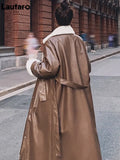 Winter Long Warm Thick Leather Trench Coat for Women with Faux Fur Inside Belt Loose Korean Fashion 2023 Fur Lined