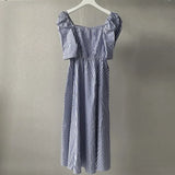 Sexy Square Collar Striped Midi Dresses Shot Puff Sleeve Summer Dresses Women Elegant A-line