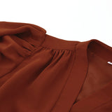 Retro Lantern Sleeve Womens Cropped Blouses Vintage Brick Red Tops Female Short Shirt V-Neck Slim Breasted Draped