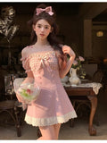 Pink Plaid Bow Princess Mini Dress Women 2023 Summer Sexy Slim Slash Neck Lace Ruffle Kawaii Y2k Lolita Female