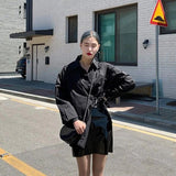 Elegant Women Long Sleeve Shirts Office Lady Solid Button Belt Blouse Korean Fashion Asymmetric Chic Casual Loose Tops